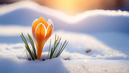 A crocus bursts forth from the snow, its bright orange stamen shining against the icy backdrop...