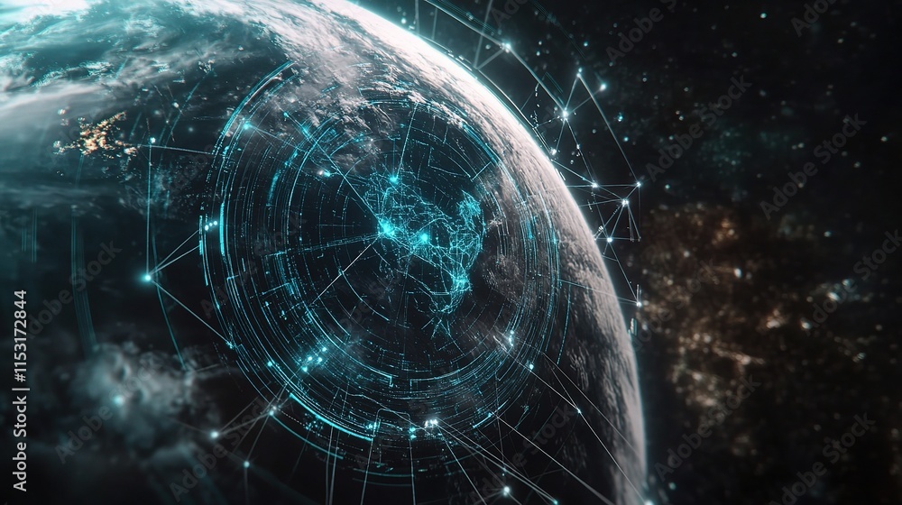 Poster earth surrounded by connection lines and circles in cosmic setting