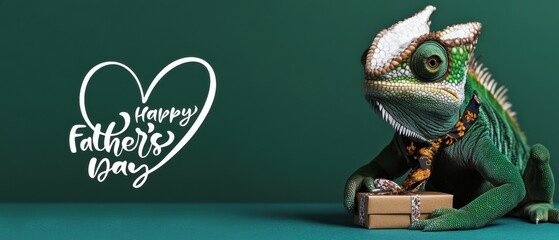 Happy Fathers Day: Chameleon with Gift Celebrates Dad