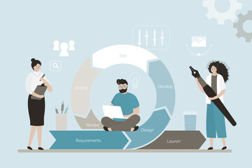 Agile methodology, business project development process, daily decisions management method. Business people team at work on flexible circular arrow.