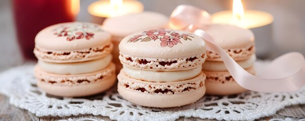 Fototapeta premium parisian macarons with floral design & candles - - soft