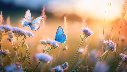 A soft wildflower sways gently in the warm breeze of a wild meadow, illuminated by the golden light of dusk. Nearby, a blue butterfly hovers gracefully, adding a touch of magic to the tranquil scene