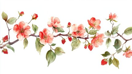 Delicate Watercolor Floral Branch with Vibrant Blossoms and Berries