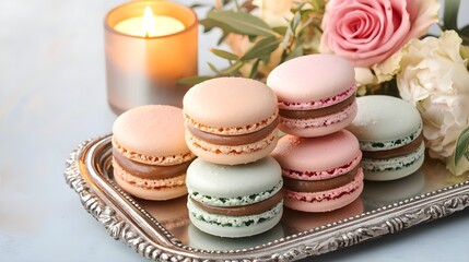 Fototapeta premium pastel macarons & flowers on silver tray - pastel colors