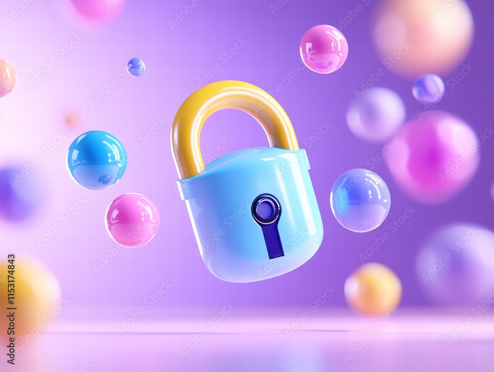 Poster colorful digital lock on a vibrant background with floating bubbles.