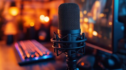 Close up of a Microphone in a Cozy Home Studio With Warm Lighting. Generative AI
