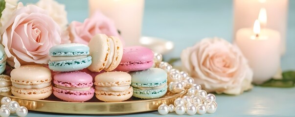 pastel macarons & roses: sweet bakery photo - pastel colors