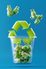Creative recycling concept with plastic bottles and green arrows on vibrant background.