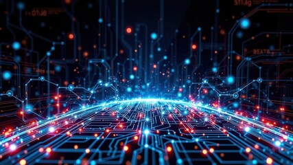 Obraz premium Futuristic Digital Landscape with Glowing Circuit Patterns and Light Effects for Technology and Innovation Concepts in Data Visualization and Artificial Intelligence