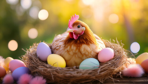 A fluffy hen sits proudly in a soft nest, surrounded by colorful pastel Easter eggs that reflect the joy of spring. The gentle sunlight creates a serene atmosphere of new beginnings