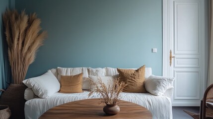 Cozy living room with white sofa, pampas grass, and teal wall.