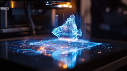 Hologram printer. Holographic projection printer. Flickering energy flux of particles. Scientific design laser printer