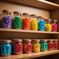A vibrant close-up of glass jars filled with colorful candy, arranged neatly on a wooden shelf with soft lighting.