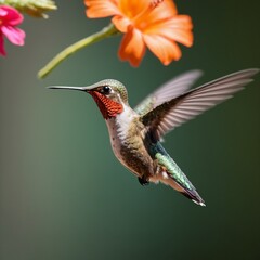 Naklejka premium A high-speed close-up of a hummingbird hovering near a flower, its wings blurred to capture motion.