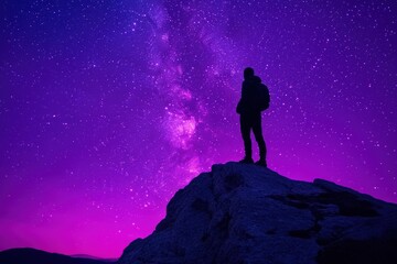 Obraz premium Silhouette of a lone hiker against a vibrant purple starry sky, capturing the awe of nature and the cosmos.