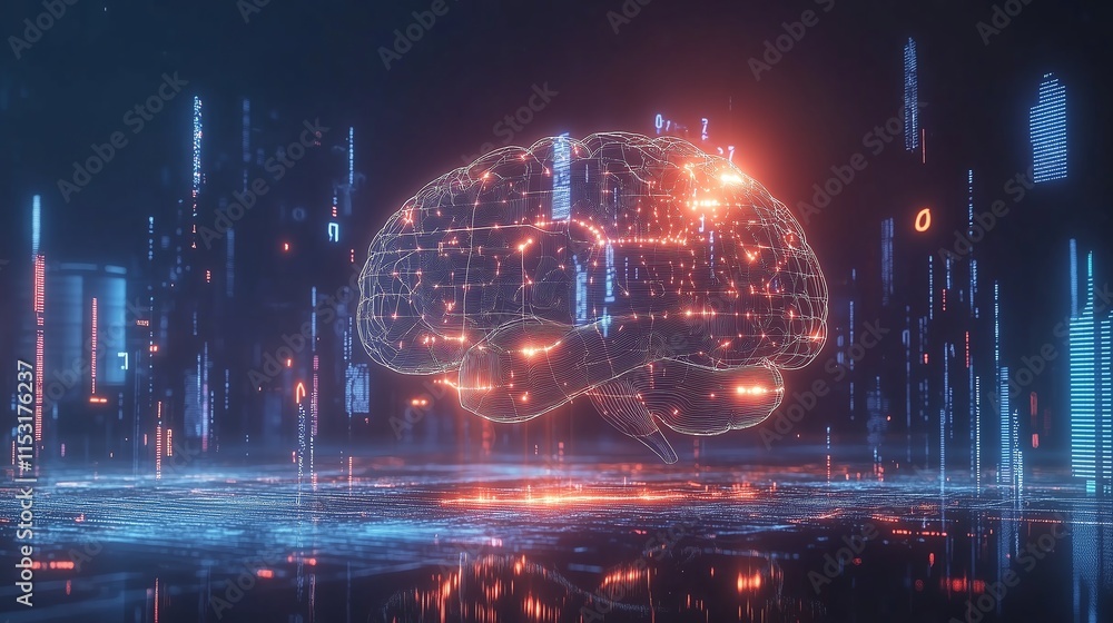 Poster glowing digital human brain with geometric patterns and data visualizations on dark blue background,