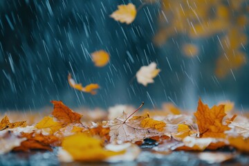 Autumn Rain: Captivating Fallen Leaves in a Tranquil Rain Setting