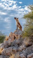 A hyena stands on a rock, howling against a backdrop of clouds and blue sky.