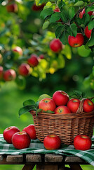 panoramic composition, with a large blank space in the middle for text design. the teng basket is placed on a wooden table with a tablecloth. the basket contains some apples,