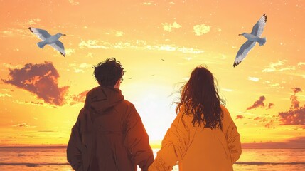 Anime couple watching sunset on beach dreamy coral and yellow palette seagulls flying serene atmosphere