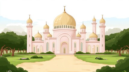 Pink mosque with golden domes in a lush green park.