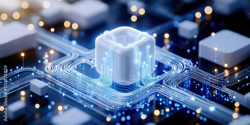 Poster futuristic microchip surrounded by glowing circuits and data connections.