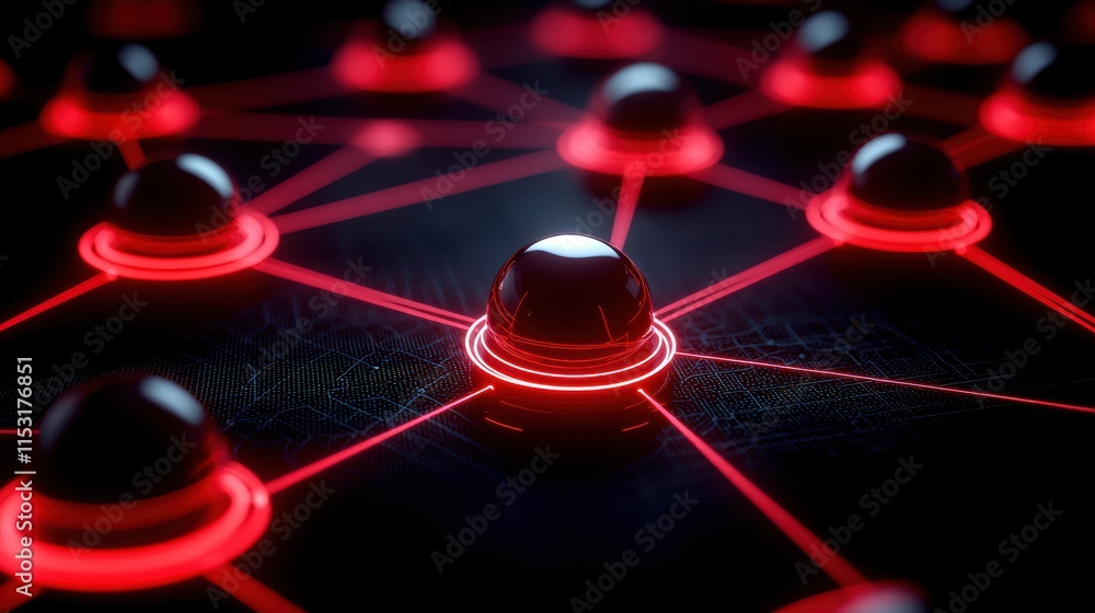 Aufkleber futuristic network design with glowing red nodes and connections on a dark background.