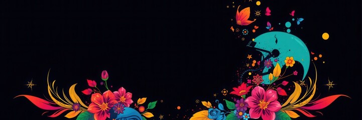 Vibrant Floral and Abstract Art Composition with Colorful Patterns Against a Dark Background Showcasing Nature-inspired Design Elements and Creative Aesthetics