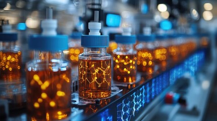 Fototapeta premium Laboratory Showcasing Amber Bottles With Glowing Liquid on a Research Conveyor Belt. Generative AI