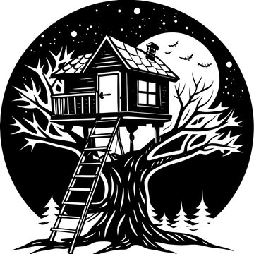 recommend clip art: Treehouse in a Tree Under the Full Moon - Nighttime Scene Illustration