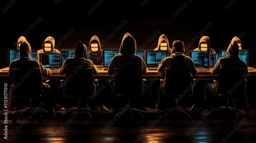 Poster anonymous hackers working on computers in a dark room.