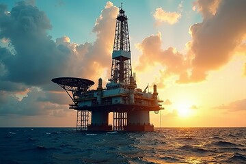 Obraz premium Oil drilling platform standing tall in the vast ocean, symbolizing human innovation and the quest for energy amidst nature's vastness.