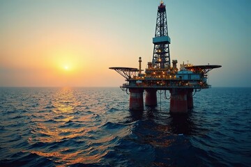 Oil drilling platform standing tall in the vast ocean, symbolizing human innovation and the quest for energy amidst nature's vastness.