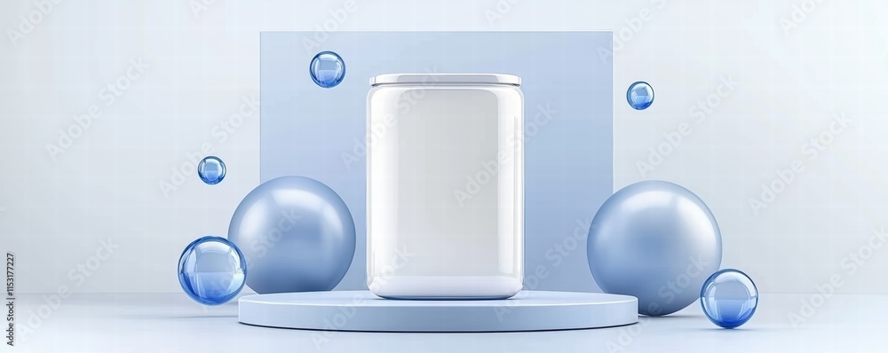 Poster minimalist product display with smooth shapes and a neutral palette for branding.