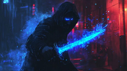 Fototapeta premium Self-defense of blue glowing dots. Assault on a man with a knife