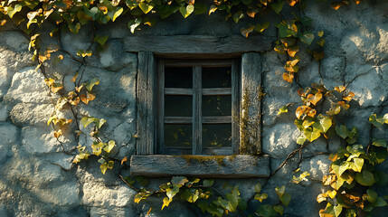 Rustic stone wall with wooden window overgrown with ivy.