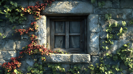 Stone wall with ivy and window.