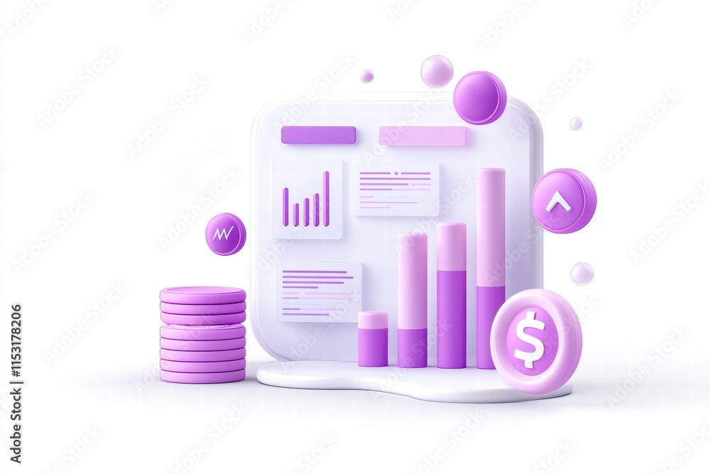 Poster stylized financial charts and graphs in purple tones representing data analytics.