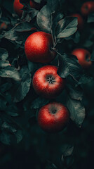 panoramic composition, with a large blank space in the middle for text design. the teng basket is placed on a wooden table with a tablecloth. the basket contains some apples,