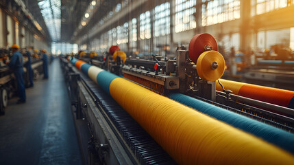 Textile factory interior with yarn spools on weaving machine.