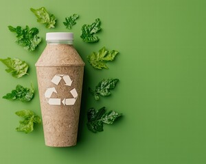 Sustainable smoothie bottle with fresh greens on eco-friendly background.
