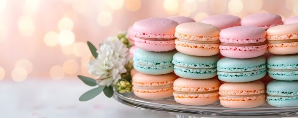 Fototapeta premium pastel macarons on cake stand, sweet treats - pastel colors