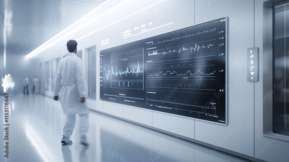 Poster an interactive digital wall showcasing dynamic graphs and real-time diagnostic updates in a secure s