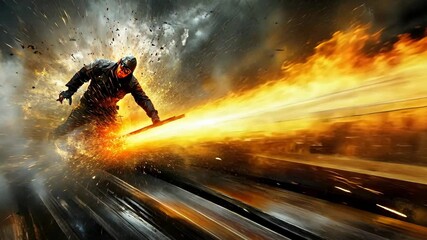 Dynamic action scene featuring a heroic figure amidst flames and chaos in an urban environment during a dramatic confrontation