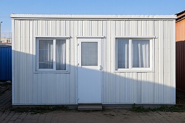 Fototapeta premium A simple white modular building with a door and two windows, set against a clear blue sky, showcasing a minimalist design.