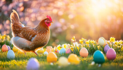 A charming hen wanders through a blooming field filled with bright flowers and pastel Easter eggs. The warm afternoon sunlight creates a whimsical atmosphere of spring joy and renewal