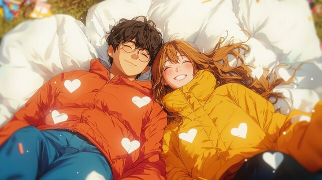 Dreamy valentine's day date of anime couple in coral and yellow palette with heart decorations in outdoor setting