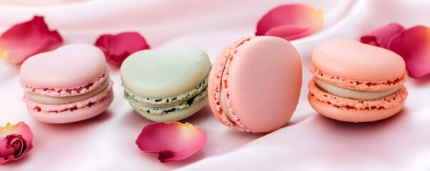 Fototapeta premium pastel macarons with rose petals - pastel colors