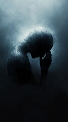 Obraz premium A silhouette of a person appears to be in deep thought, surrounded by a misty, ethereal atmosphere, evoking feelings of introspection and melancholy.