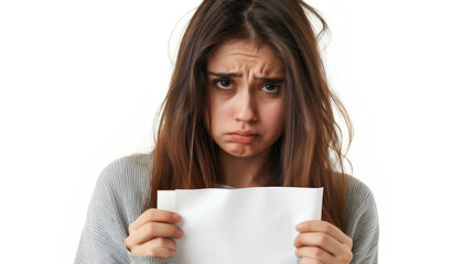 30 year old woman crying with a sad face. she is wearing gray clothes. she is holding a blank white sheet in his hands